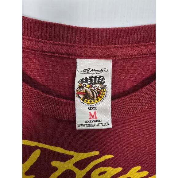 Ed Hardy Crowned Skull & Rose Graphic Tee Maroon Christian Audigier Y2K M - Picture 3 of 7